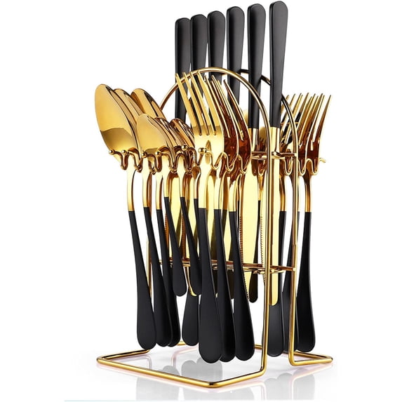 24 Pieces Flatware Set,Stainless Steel Flatware Set with Silverware Holder Spoons Forks Knives,Utensils Set Service for 6,Gold Mirror Polished and Matte Pink Painted (Black)…