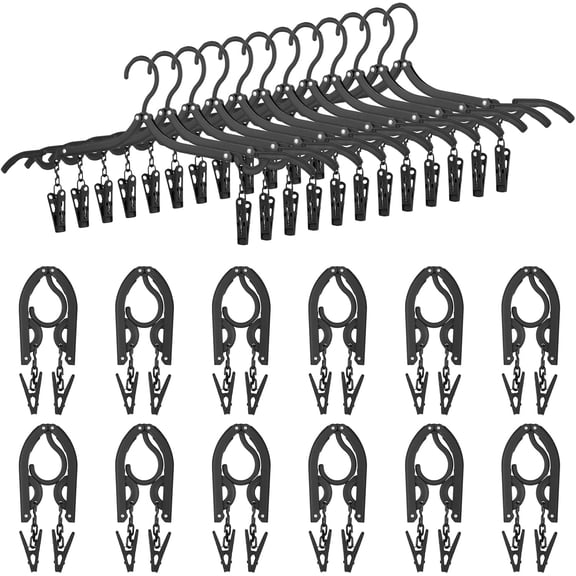 24 Pieces Folding Travel Hangers Foldable with Clips Portable Collapsible Coat Hanger Travel Drying Rack for Clothes (Black)