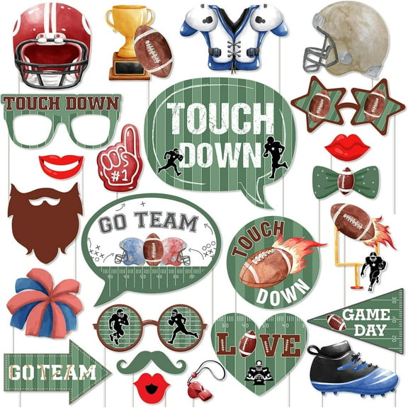 24 Pieces Football Photo Booth Props, Rugby Ball Party Decorations for Super Bowl, Touch Down Rugby Selfie Props, Go Team Sports Football Theme Birthday Baby Shower Party Supplies