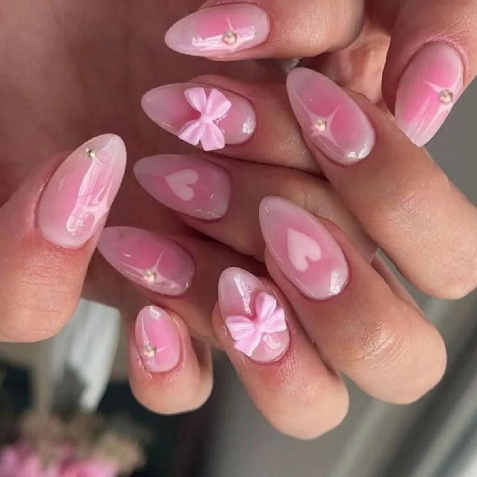 24 Pieces French Style Press On Nail Glossy Acrylic False Nail with 3D Bows Designs Stick on Nail for Women and Girls