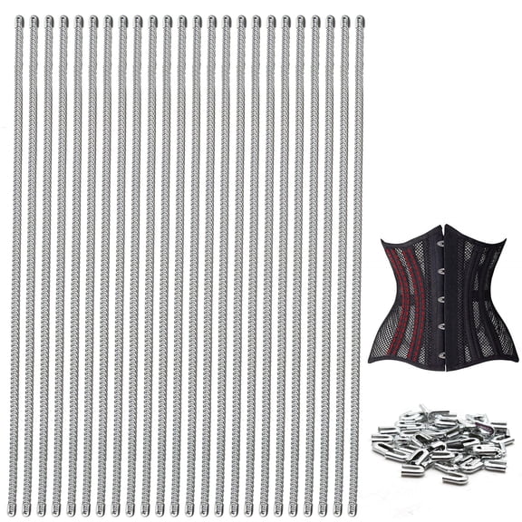 24-Piece Galvanized Steel Spiral Boning Set, (0.23" x 13.7") with 24 Caps, Ideal for Corsets, Lingerie, Costumes & More