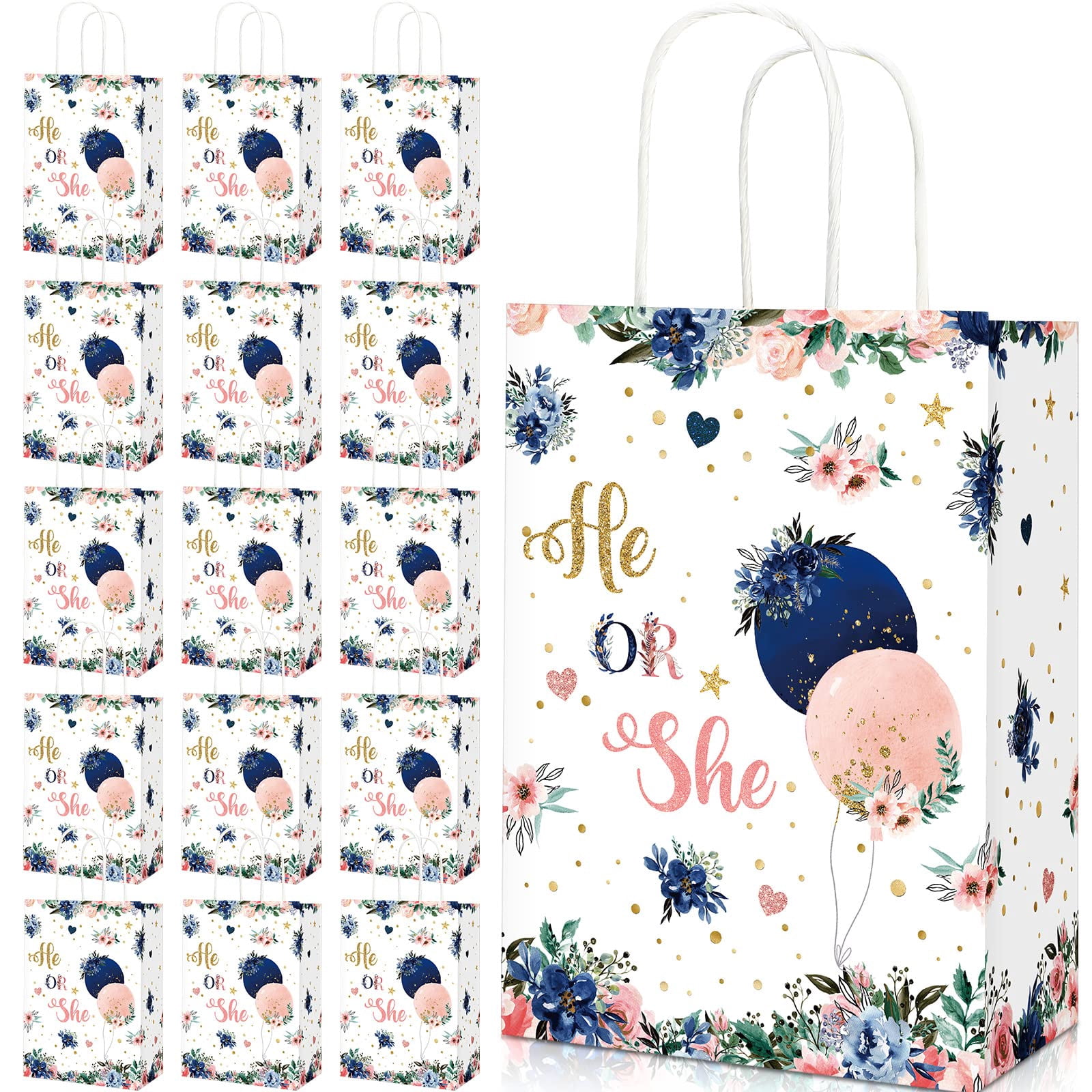 24 Pieces Gender Reveal Party Favor Bags Watercolor He or She Paper