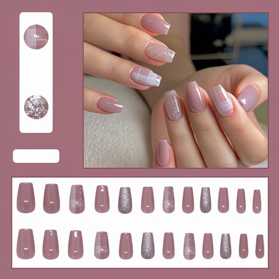 24 Pieces Glitter Sugar Cube Pattern Soft Bean Paste Press on Nails Set for Trendy Girls