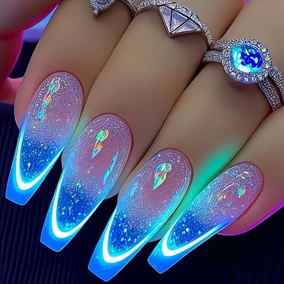 24 Pieces Glow in the Dark Ballet Gradient Press on Nails - Easy Application Fake Fingertips with Bright Blue Gradient and Neon Edges for Parties and Daily Wear