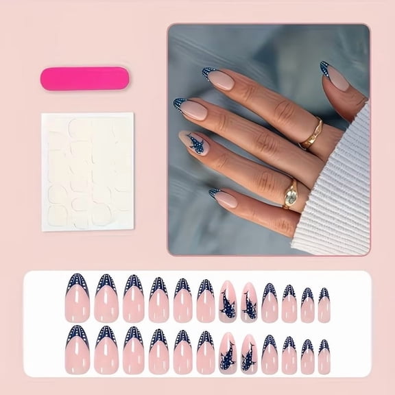 24 Pieces Gradient Blue French Tip Press on Nails with Unique Blue Whale Design - Medium Almond Shape