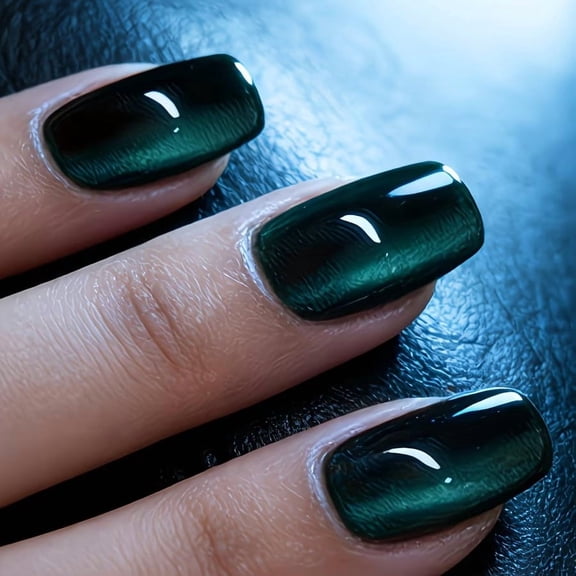 24 Pieces Green Cat Eye Press on Nails - Shiny Long Square False Nails for Fashionable Looks
