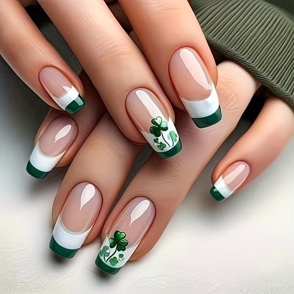 24 Pieces Green Clover Press on Nails - Medium Length Square False Nails for Trendy Nail Art