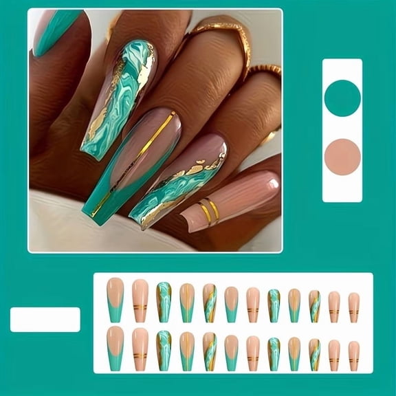 24 Pieces Green Marble Press on Nails - Chic Long False Nails for Every Occasion