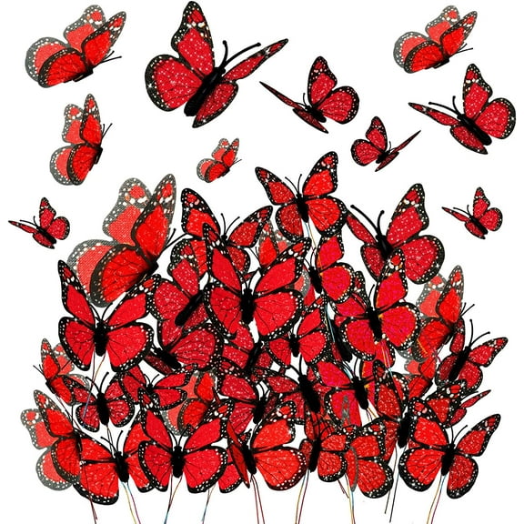 24 Pieces Halloween Monarch Butterfly Decorations 3 Size Artificial Monarch Butterflies Wall Decor 3D Butterfly Wing Wall Art with Wire for Fall Wedding Home Bedroom Wall Decorations(Red)
