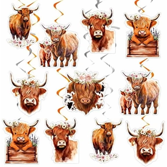 24 Pieces Highland Cow Hanging Swirl Western Highland Cow Party Decorations for Baby Shower Birthday Ceiling Hanging Decor for Farm Animal Party Supplies