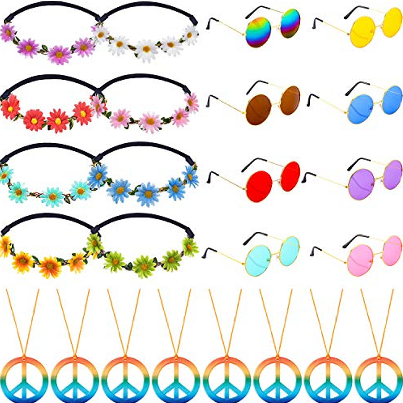Set De 8 Accesorios Hippie – Collar Y Pendientes De La Paz, Gafas De Sol De Colores, Diademas De Flores Y Tie Dye, Regalo Para Fiestas Temáticas Y Estilo Retro