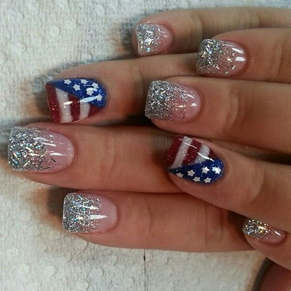 24 Pieces Independence Day Square Press On Nails Star and Stripes Designs Glitters Full Coverage Artificial Nails