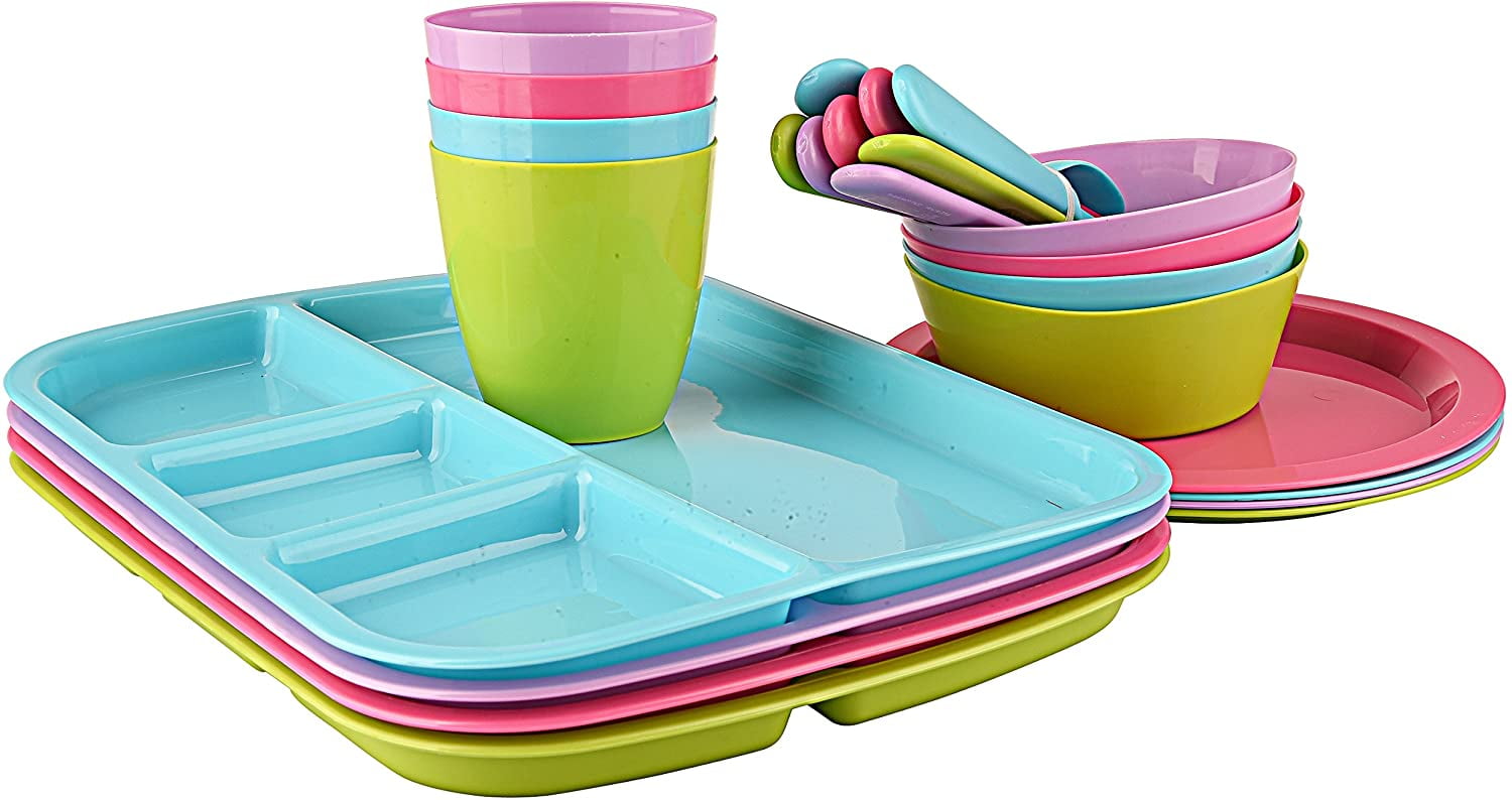 Buy Wholesale QI003487 24-Piece Kids Dinnerware Set Plastic 4 Plates, 4  Bowls, 4 Cups, 4 Forks, 4 Knives, and 4 Spoons