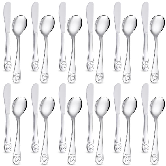 24 Pieces Kids Silverware Toddler Utensils Children's Safe Flatware Toddler Silverware Set 12 x Kids Forks 12 x Kids Spoons Stainless Steel Toddler Spoons and Toddler Forks (Silver)