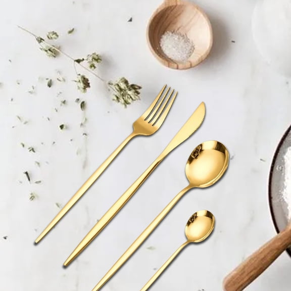 24 Pieces Knifes Forks Spoons Set for 6, KITWARE Gold Silverware Set, Flatware Stainless Steel for Lunchbox, Mirror Polished Cutlery, Kitchen Travel Utensils Set Outdoor Camping Picnic