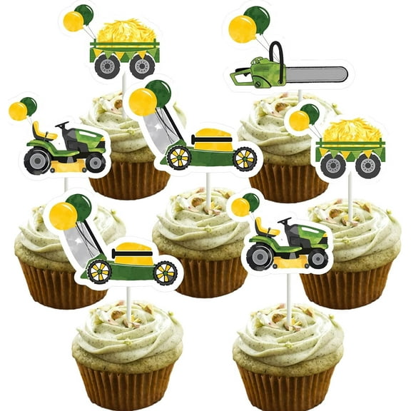 24 Pieces Lawnmower Birthday Cupcake Toppers, Green Tractor Cupcake Toppers for Boys, Lawnmower Birthday Decor, Farm Themed Parties Tractor Time Party Supplies