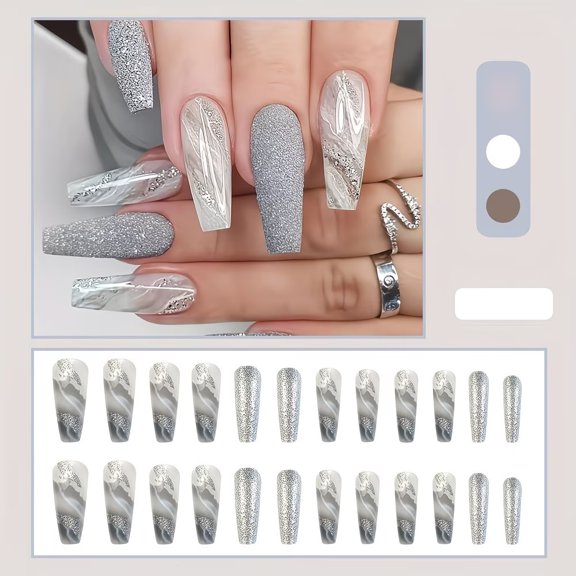 24 Pieces Long Coffin Nails Set, Gray Glitter Gradient Marble Pattern, Ballet Style Shiny Nail Patches, Suitable for Hands and Feet, Full Set Manicure False Nails