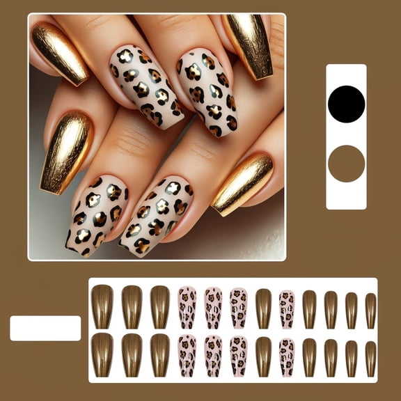 24 Pieces Long Coffin Press on Nails - Metallic Gold Leopard Print Design for Hands and Feet