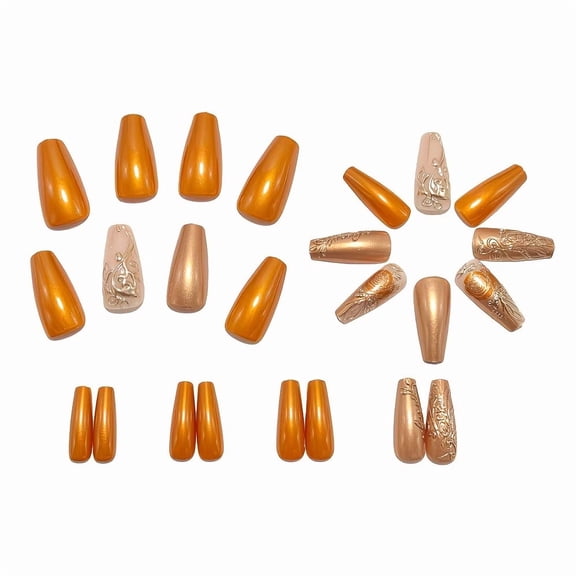 24 Pieces Luxurious Gold Rose Embossed Press On Nails - Elegant False Nails for Weddings, Parties, and Special Occasions