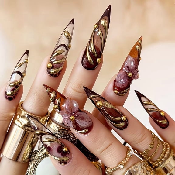 24 Pieces Luxury Retro Style Reusable Press on Nails with 3D Flower Designs and Gold Line Accents for Women