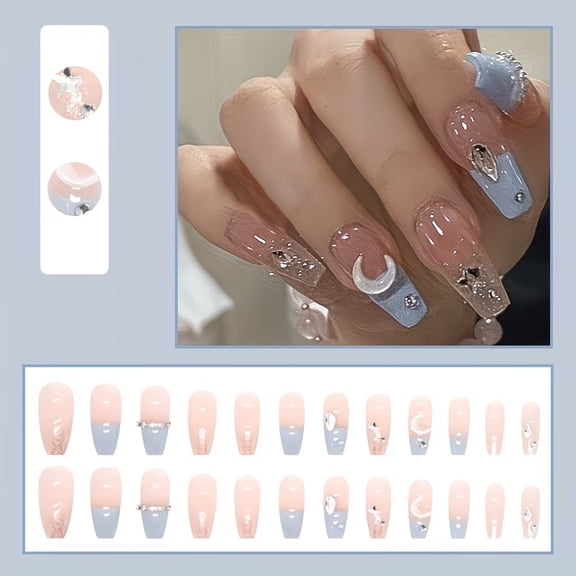 24 Pieces Macaron Color Press-On Nails Set with Star and Moon Design - Ballet Shape Full Coverage for Women and Girls