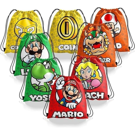 24 Pieces Mari0 Candy Drawstring Bag Drawstring Goodie Favor Bags for Boys and Girls Cartoon Birthday Party Decorations