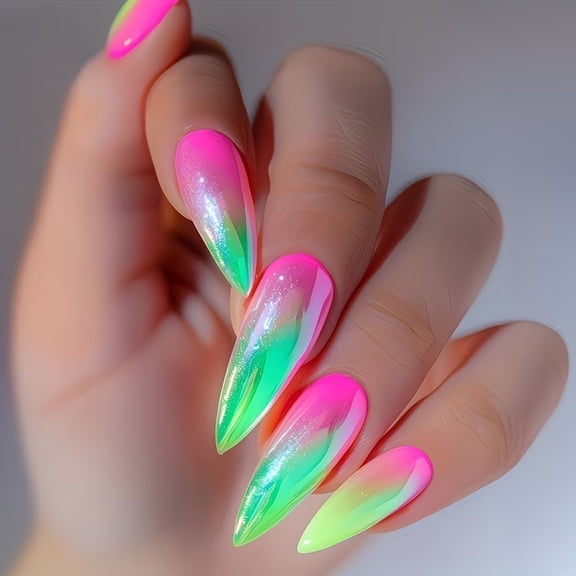 24 Pieces Medium Almond Color Press on Nails - Stained French Gradient Design, Full Coverage Shiny Artificial Nails with Hand-Painted Tropical Island Art