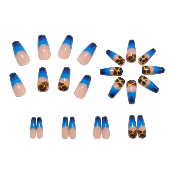 24 Pieces Medium Ballet Shape False Press on Nails - Chic Blue and Brown Leopard Print for Fashionable Manicures