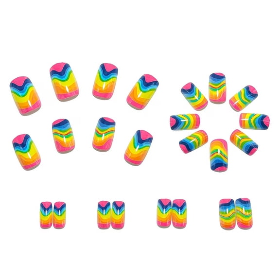 24 Pieces Medium Square False Nails Set, Gradient Macaron Color Rainbow Stripe Nail Design, Full Cover Glossy Fake Nails, Removable Fake Nails