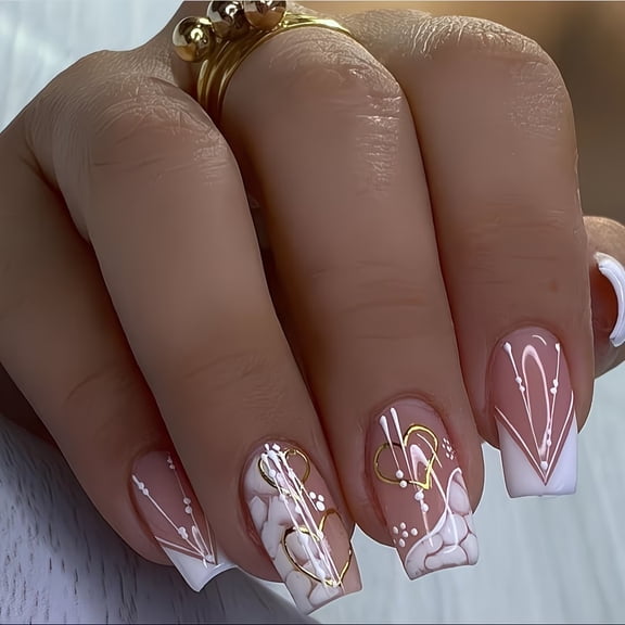 24 Pieces Medium Square Press-On Nails with Adorable Cloud and Heart Designs for Women and Girls