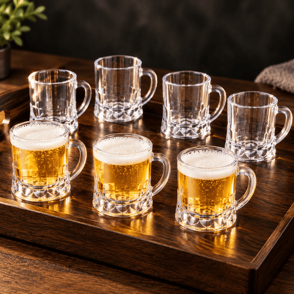 24 Pieces Mini Plastic Beer Mugs 2 Ounce Mini Beer Mug Shot Glasses with Handles Reusable Clear Beverage Stein Tasting Glasses for Festival Party Barbecue Wedding Supplies