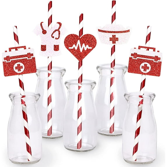 24 Pieces Nurse Party Favor Straws - Nurse Graduation Party Decorations Red, Congrats Nursing Decor, Medical RN Themed Foil Stamping Stripe Paper Straw For BSN LPN School Grad Nurses' Day Party