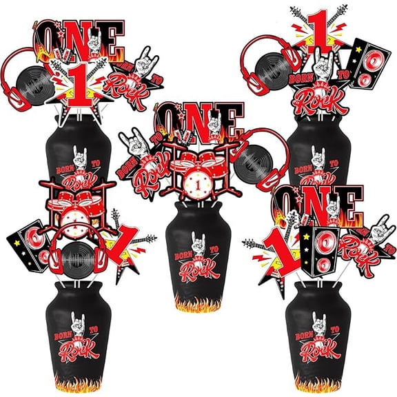 24 Pieces One Rocks 1st Birthday Centerpieces Sticks for Boy Girl, Rock and Roll Table Toppers First Birthday Decorations, Red Black Music Themed 1 Year Old Baby Party Supplies