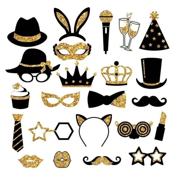 24 Pieces Party Photo Booth Props For Birthday Weddings Graduation Prom Party Supplies Mix Of Hats, Lipstick, Tie, Crowns (Golden),Christmas