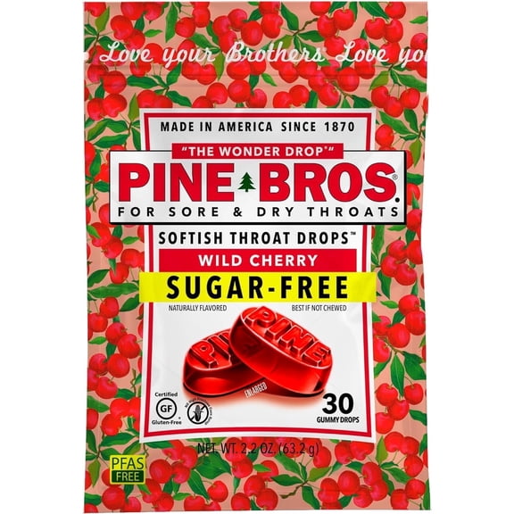 Pine Bros. Gummy Sore Throat Drops, Sugar Free, Wild Cherry, 24 Count