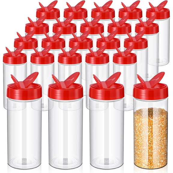 24 Pieces Plastic Spice Containers Plastic Spice Bottles Clear Reusable Large Empty Seasoning Jars with Shaker Lids for Kitchen Storage Seasoning Powder Herbs(16 oz,Cylinder,Clear and Red)