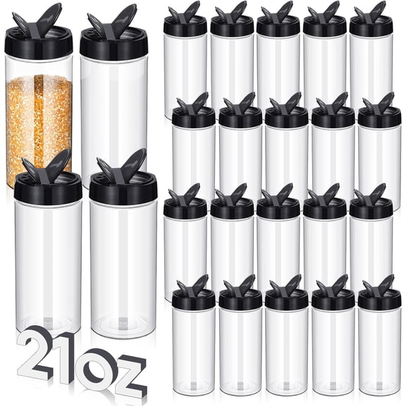 24 Pieces Plastic Spice Containers Plastic Spice Bottles Clear Reusable Large Empty Seasoning Jars with Shaker Lids for Kitchen Storage Seasoning Powder Herbs(21 oz,Cylinder,Clear and Black)