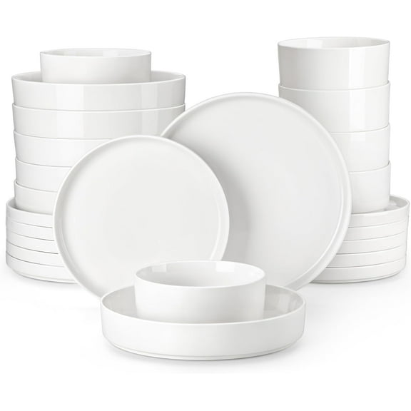 24 Pieces Porcelain Dinnerware Set, Modern White Dish Set for 6, Premium Serving Plates and Bowls Sets, Chip and Scratch Resistant Dishware Sets Kitchen Dishes Dining Ware Set, Series LEAH