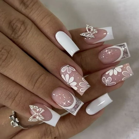 24 Pieces Press on Nails French Rhinestones Butterfly Designs on Nails for Trendsetters and Nails Art Lover