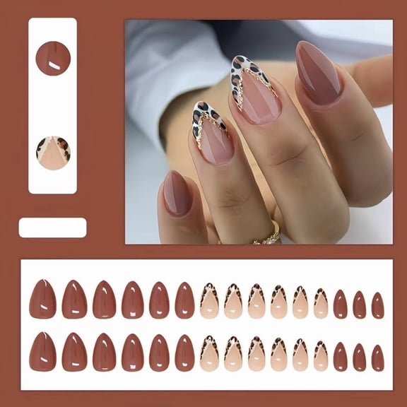 24 Pieces Press on Nails Set - Fashionable Reddish Brown & Leopard Print V-Shaped French Style Removable Nail Patches