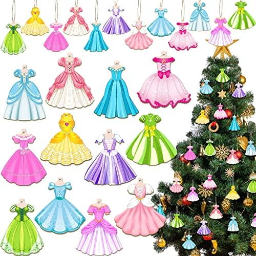 24 Pieces Princess Dress Ornaments for Christmas Tree Wooden Princess Hanging Ornaments for Christmas with Rope Xmas Gifts for Girls Party Supplies Decorations