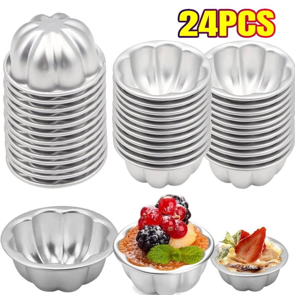 24 Pieces Pudding Cup Pans 3.7'' X 1.7'' Mini Fluted Cake Small Jelly Pans Aluminum Alloy Reusable Cake Tartlets for Baking Egg Tart Flan Cupcake Bread Muffin Brownie Pudding, Non-sticky
