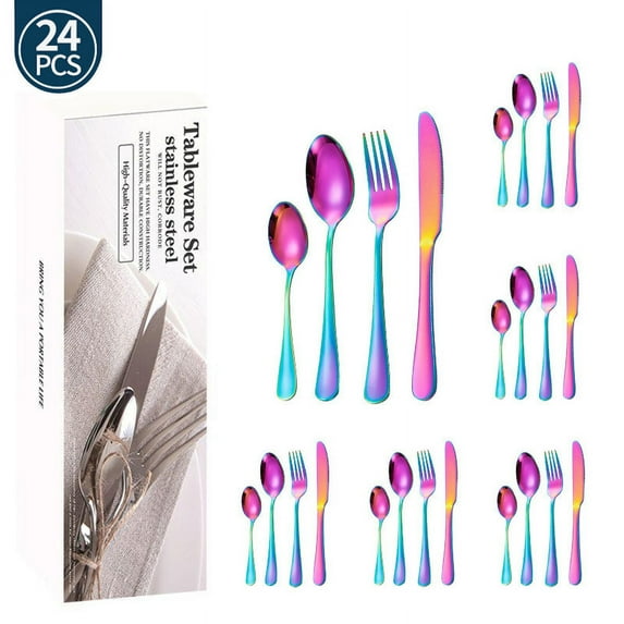 24 Pieces Rainbow Silverware set for 6, Colorful Stainless Steel Flatware Cutlery Set, Kitchen Utensils Set Include Knife Fork Spoon, Tableware Set With Titanium Plated, Dishwasher Safe
