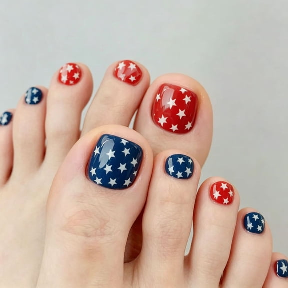 24 Pieces Red-Blue-White Star Nail Art Decorations for Festive Manicures
