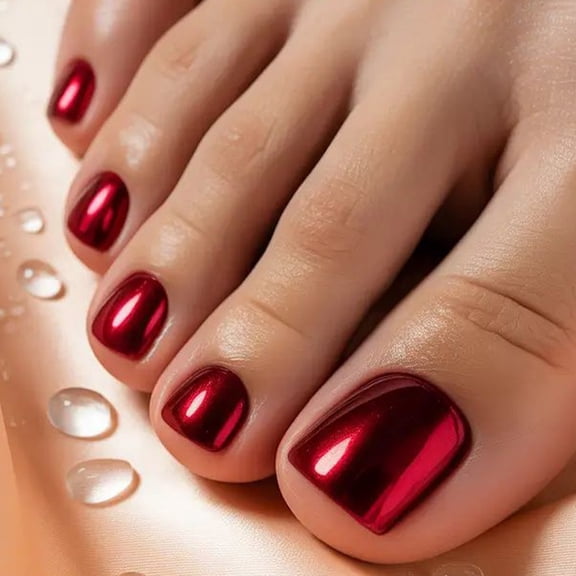 24 Pieces Red Metallic Press-On Toenails - Salon-Quality Pedicure at Home