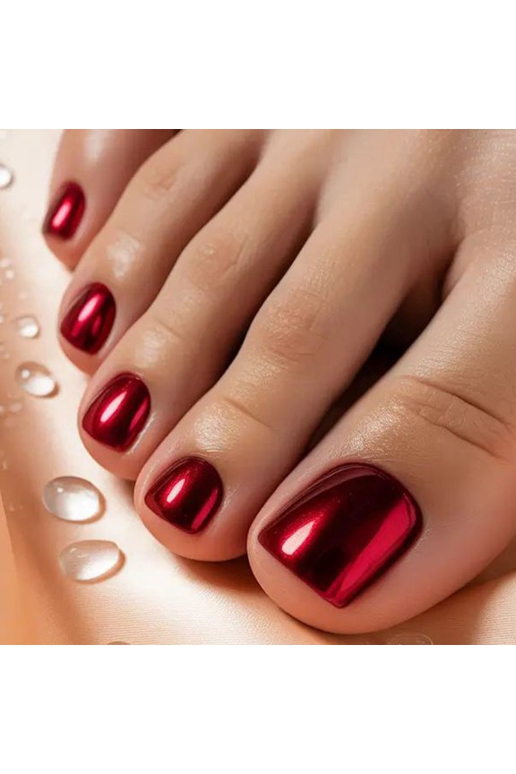 24 Pieces Red Metallic Press-On Toenails - Easy Application & Durable Design for Salon-Quality Pedicure at Home
