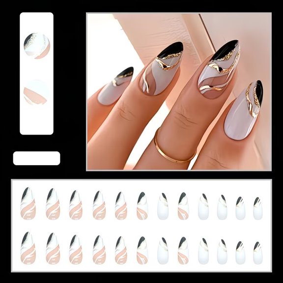 24 Pieces Set Almond Shape Press On False Nails Black White Gold Long Lines Fashion Design False Nails Mother's Day Gift