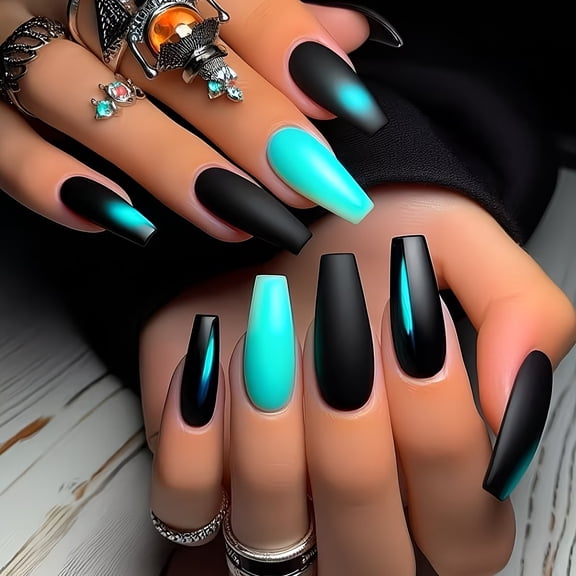 24 Pieces Set, Elegant Fake Press on Nails with Black and Teal Gradient Stripes, Ballerina Shape, Medium Length, Glossy Surface