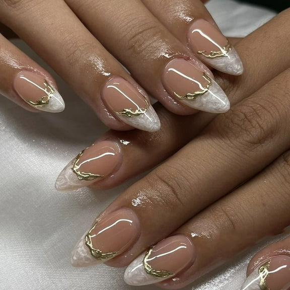 24 Pieces Short Almond Shape Glossy White French Tips with 3D Gold Line Decoration Artificial Nails