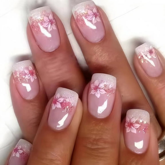 24 Pieces Short Artificial Nails With Flowers French Full Covers Acrylic on Nails Spring False Nails